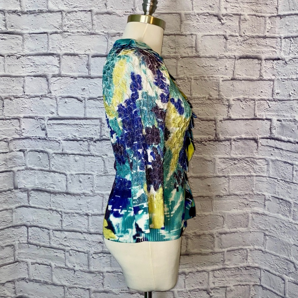 St John. Watercolor Button Up Cardigan in Blues, Yellow, Green. Size XS. - Picture 4 of 12